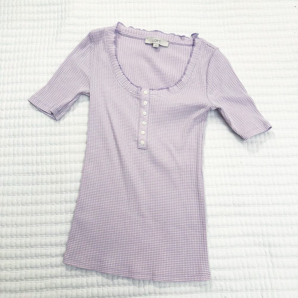 LOFT Striped Pointelle Ruffle Henley Top sz S Light Purple